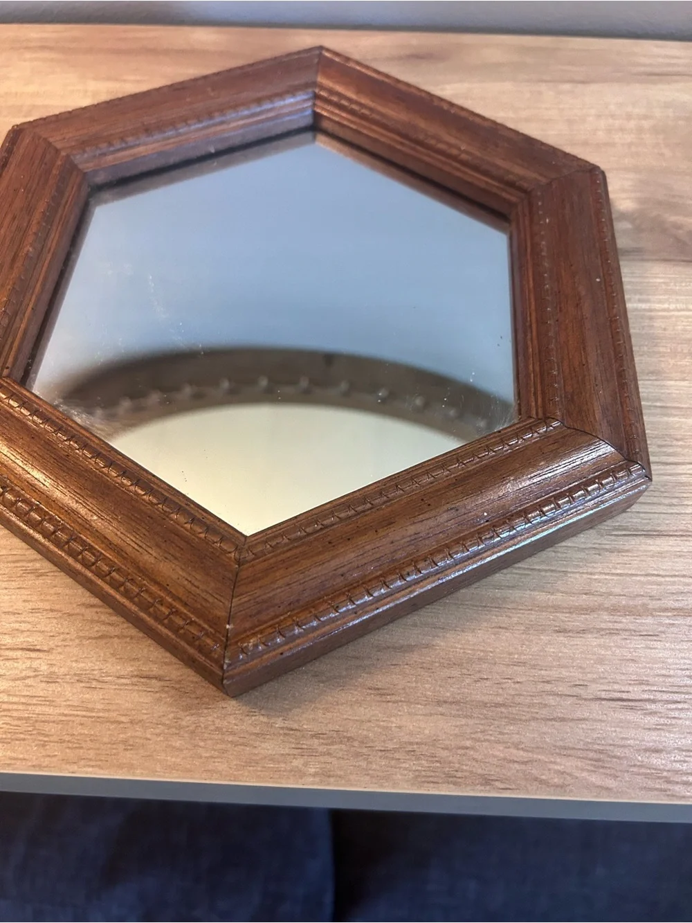 Wooden Hexagon Wall Mirror - Brown approx 8”
